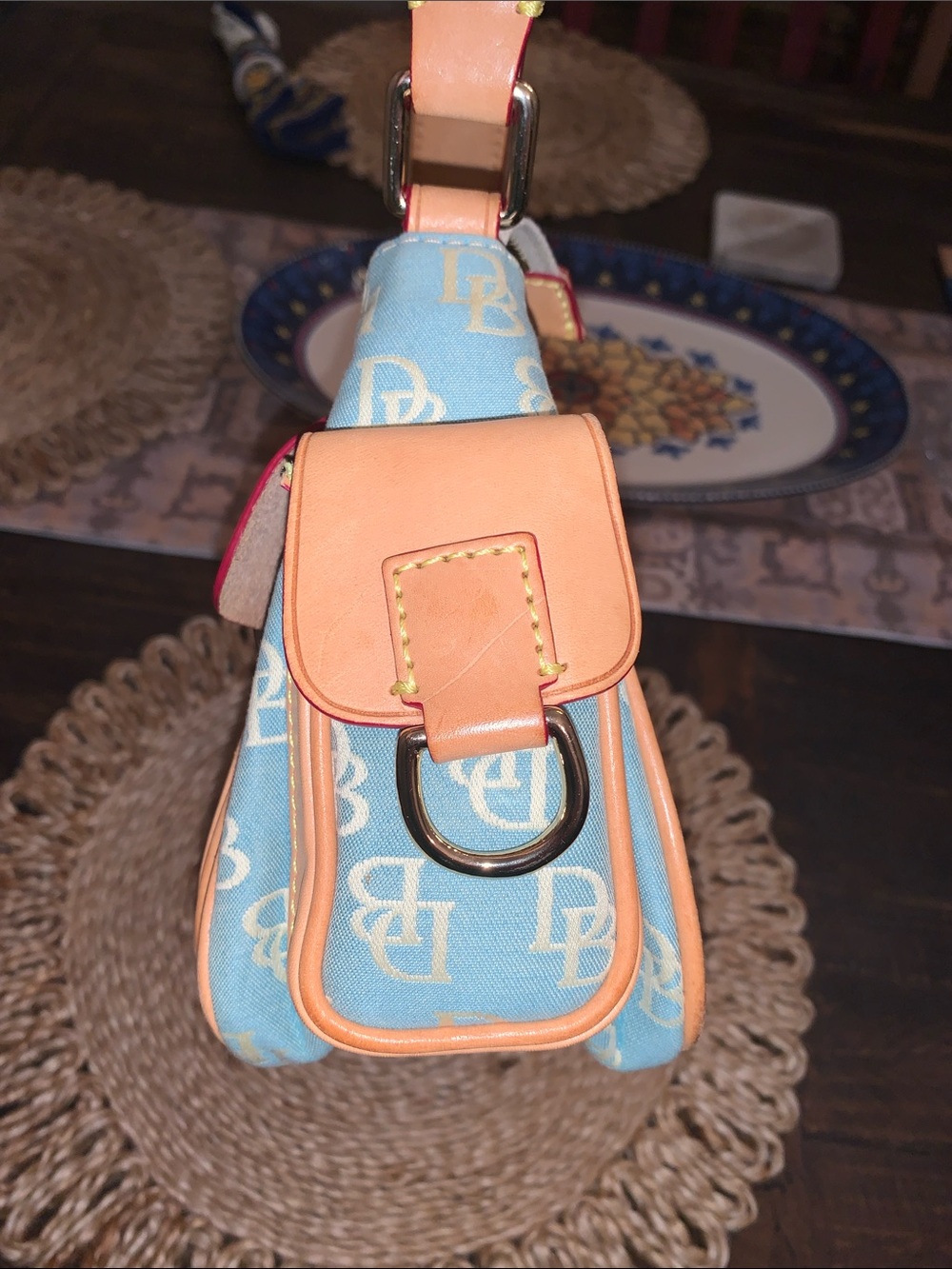 Dooney & Bourke Light Blue Logo Canvas Shoulder Bag with Tan Leather Trim - Picture 6 of 13